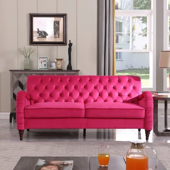 Разтегателен диван Chesterfield, 3-местен диван за хол, кадифе плат (червен), Мебели за дома, Лесен за сглобяване