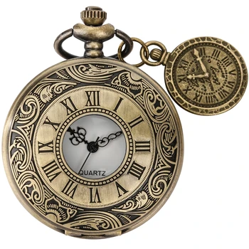 Ретро бронзов корпус с надпис на римски цифри, кварцов джобен часовник, колие, верига, ключодържател, Часовници, Подаръци за мъже, Дамски часовници с аксесоар