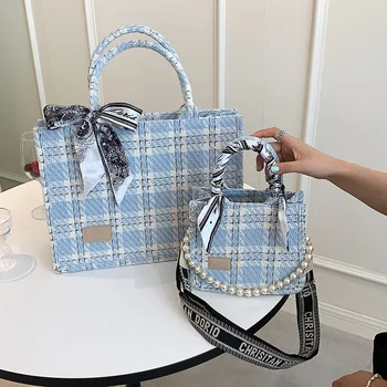 Ретро Клетчатая чанта-тоут, дизайнерски дамски чанти-месинджър, ежедневна чанта през рамо с панделка, дамски чанти с цветен принтом, перлена верижка