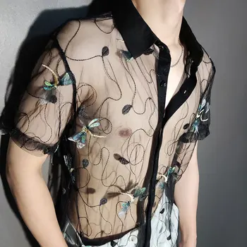 Риза с обемни бродерия под формата на водни кончета, модни прозрачна секси риза, мъжки дрехи с къс ръкав, прозрачни за социалните клубове