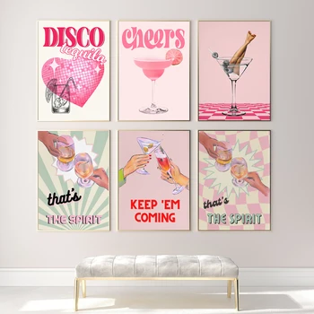 Розово дискотечный плакат, Абстрактна живопис върху платно, ретро Стенни картина, Модерен бар, Текила, еспресо, Мартини, Нека те идват, Домашен Декор