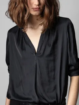 Сатен плиссированная дамска блуза с V-образно деколте, просто мода универсална женска риза с дълъг ръкав 2023, пролет-лято