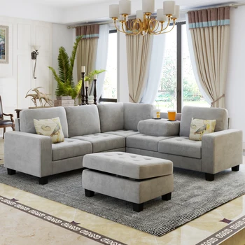Секционни ъглов диван L-образна форма, спестяващ място с пуфиком за съхранение и подстаканниками, Дизайн за по-голям апартамент в общежитието
