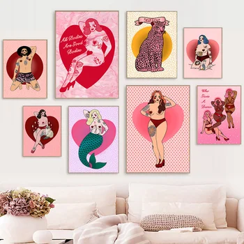 Скандинавските абстрактни плакати с розово момиче, феминизъм, Русалка, Секси Красиви тела, платно, стена артистични щампи, Фотографии, Домашен декор за спалня
