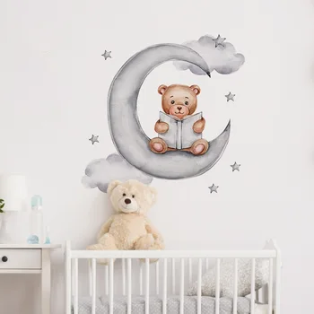 Стикер на стената в скандинавски стил с анимационни Мечка, Четете На Луната, Самозалепващи се тапети за декорация на стените на детската стая