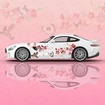 Стикери за автомобил кола с цветя сакуры и птици, vinyl стикер на рамо колата Itasha стикер за автомобил колата, стикери за украса на колата