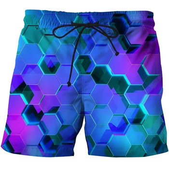 Стръмни летни мъжки къси панталони с геометрични абстрактни 3D принтом, бързо съхнещи шорти за плуване, ежедневни, плажни панталони Оверсайз, тенденция мъжки дрехи