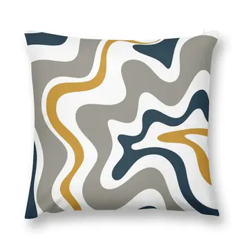 Течен вихрушка, модерна абстракция в горчично-жълто, тъмно синьо, сиво и бяло, калъфка за възглавница по поръчка