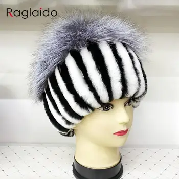Топла шапка от кожа заек, женски шарени шапки от естествени лисьего кожа, Дамски зимни дебели улични възли шарени шапки