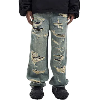 Хип-хоп Скъсани дънки, оръфан двуслойни широки дънкови панталони, мъжки градинска мода, сини дънки в стил харадзюку