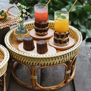 Чай масичка за домашно хол, ракита, от бамбук, висока ваза за плодове, рафинирани с кръгла маса за пикник на открито
