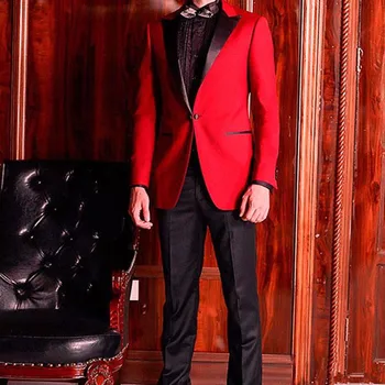 Червени Мъжки Костюми за сватбен костюм Homme, Смокинг на младоженеца, Мъжки блейзери с остри ревери, Мъжки блейзери Terno Masculino, 2 броя (Червено яке + черни панталони).