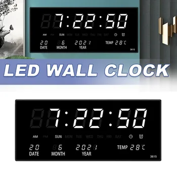 черен led дигитални стенни часовници с голям екран, Часовници, които показват време, Температура, Календар, дата, Часове, Украса за дома, хол, Спалня