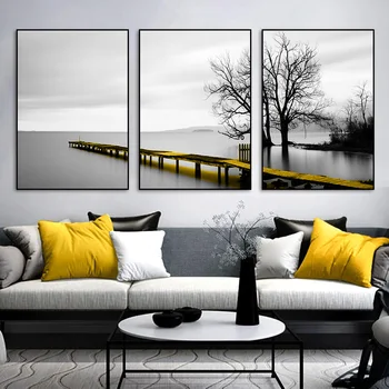 Черно-Бяло Спокойно езеро, на Моста, на Сцената с дърво, Картини, Самозалепващи стикери за стена, Щампи върху стената Плакат, Декорация на дома