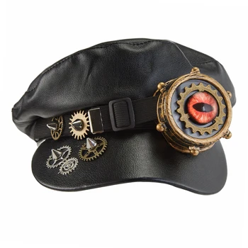 Шапка вестникарче в стил steampunk, Черна шапка с нитове от изкуствена кожа, очила за костюмированной партита в готически стил