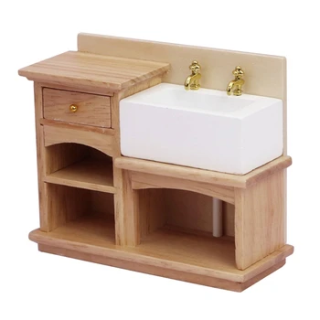 Шкаф за мивка 1: 12 с керамични ръчно мивка Миниатюрна симулация модел мебели за декориране на кухня, и в банята куклена къща